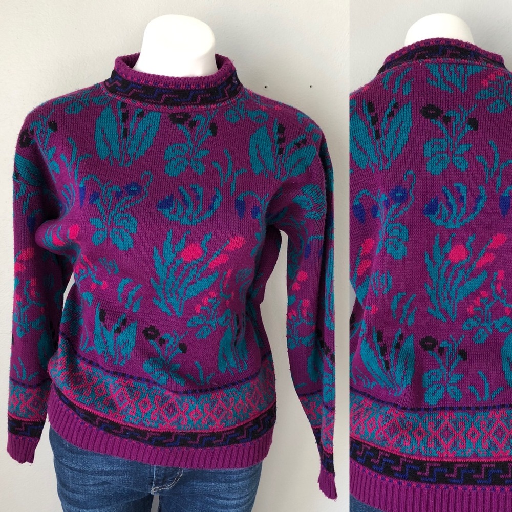 Vintage 80s Jewel Tone Floral Mock Neck Sweater